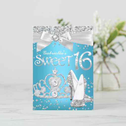 Sparkle Tiara Heels Sweet 16 Invite Blue Zazzle