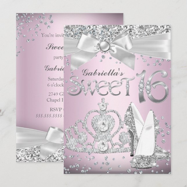 Sparkle Tiara & Heels Sweet 16 Invite Light Pink (Front/Back)