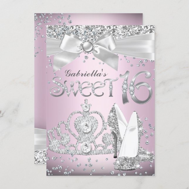 Sparkle Tiara & Heels Sweet 16 Invite Light Pink (Front/Back)