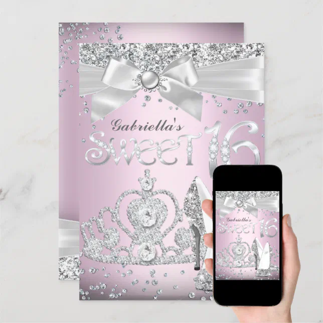 Sparkle Tiara And Heels Sweet 16 Invite Light Pink Zazzle 7935