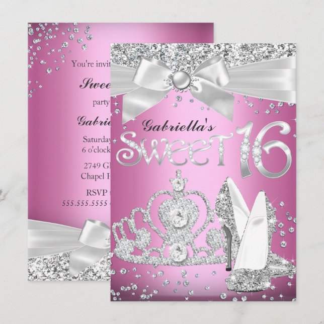Sparkle Tiara & Heels Sweet 16 Invite Pink (Front/Back)