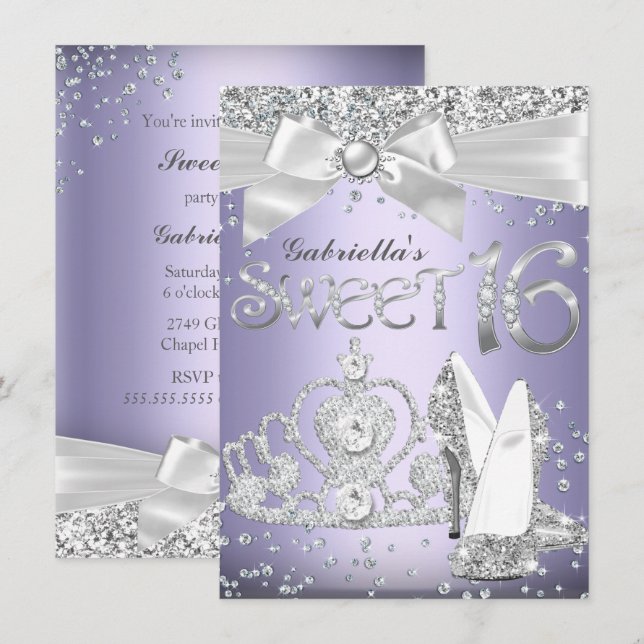 Sparkle Tiara & Heels Sweet 16 Invite Purple (Front/Back)