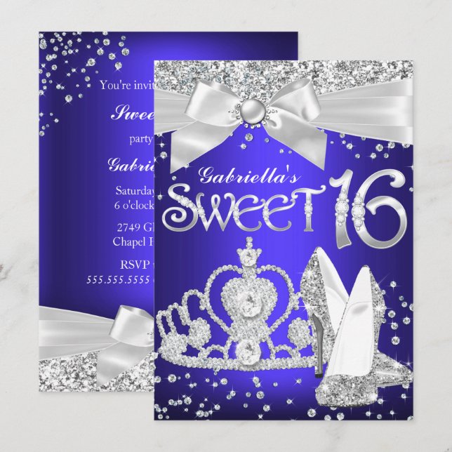 Sparkle Tiara & Heels Sweet 16 Royal Blue purple Invitation (Front/Back)