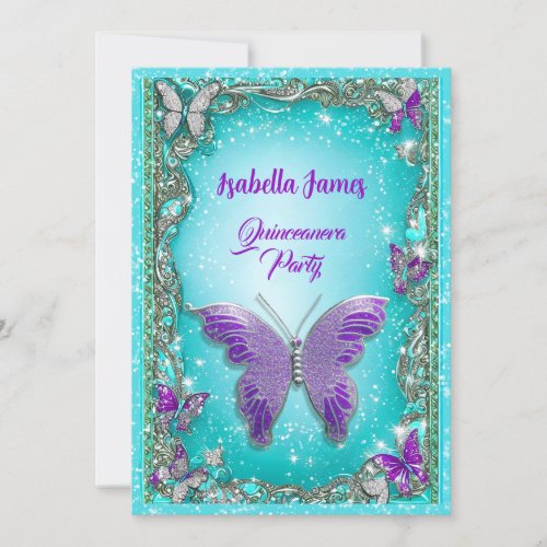 sparkle turquoise glitter diamond Butterflies chic Invitation