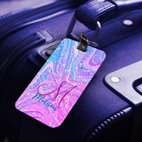 Sparkle unicorn rainbow girly marble art  luggage tag