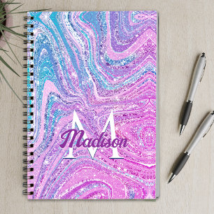 Sparkle unicorn rainbow girly marble art notebook