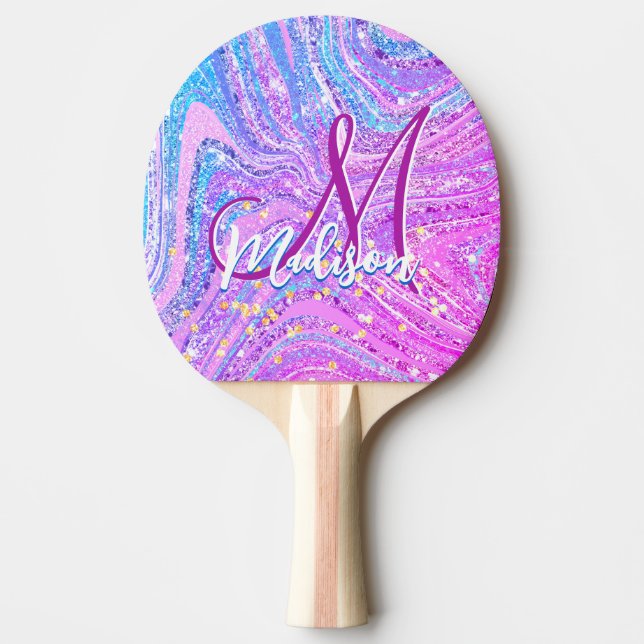 Sparkle unicorn rainbow girly marble art  ping pong paddle (Front)