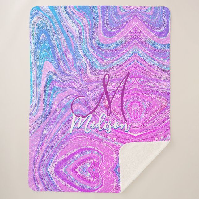 Sparkle unicorn rainbow girly marble art  sherpa blanket (Front)