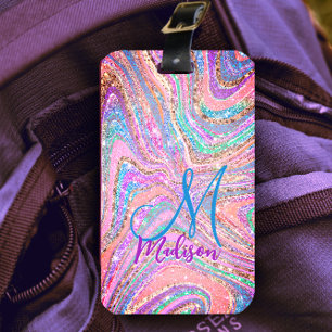 Sparkle unicorn rainbow girly marbling art luggage tag