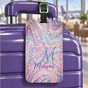 Sparkle unicorn rainbow girly marbling art luggage tag