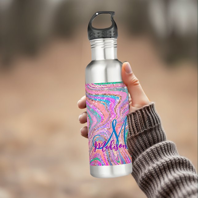 Sparkle unicorn rainbow girly marbling art stainless steel water bottle (Creator Uploaded)