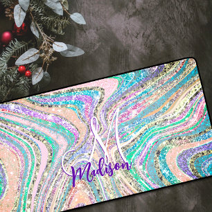 Sparkle unicorn rainbow pink mint marble art desk mat