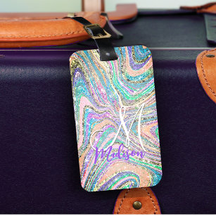 Sparkle unicorn rainbow pink mint marble art luggage tag