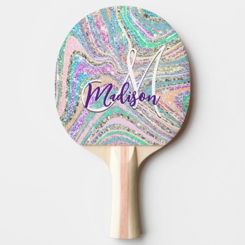 Sparkle unicorn rainbow pink mint marble art ping pong paddle