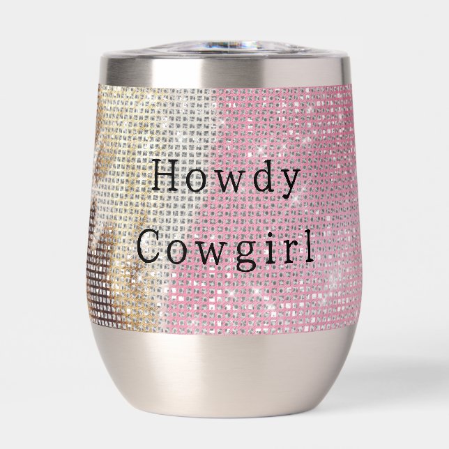 Sparkle Western Pink Cream Gold Cowgirl Cowhide Thermal Wine Tumbler (Front)