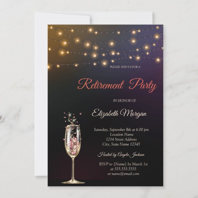 Sparkle Wine Glass String Lights Retirement  Invitation (Front)
