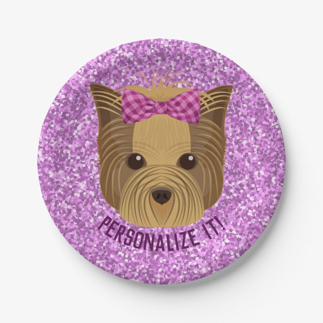 Sparkle Yorkie Yorkshire Terrier Puppy Dog Glitter Paper Plates (Front)