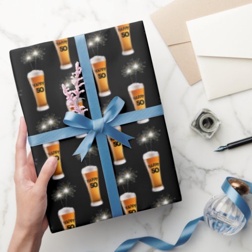 Sparklers In 50th Birthday Beer Glass Wrapping Paper