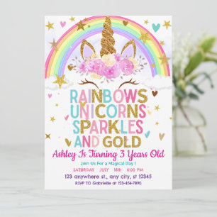 Sparkles and Gold Unicorn Rainbow Birthday Invitation