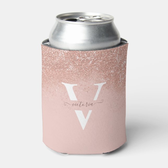 Sparkles Blush Pink Glitter Monogram Girly Custom Can Cooler (Can Front)