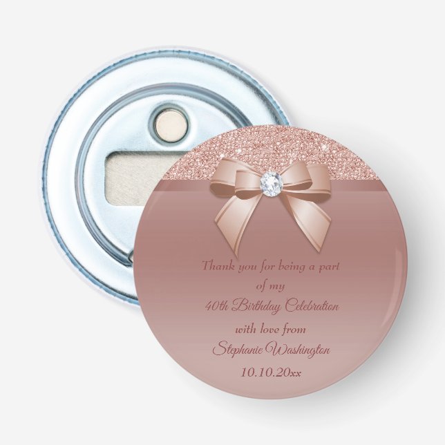 Sparkles & Glamour, Rose Gold Birthday Favor Bottle Opener (Front)