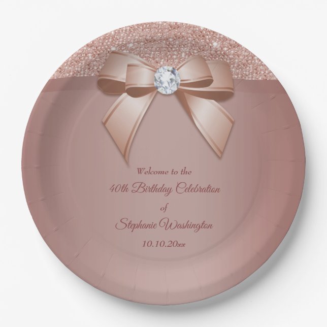 Sparkles & Glamour, Rose Gold Birthday Party Paper Plates (Front)