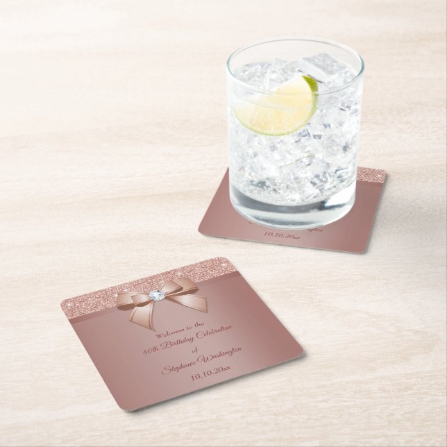 Sparkles & Glamour, Rose Gold Birthday Party Square Paper Coaster (Insitu)
