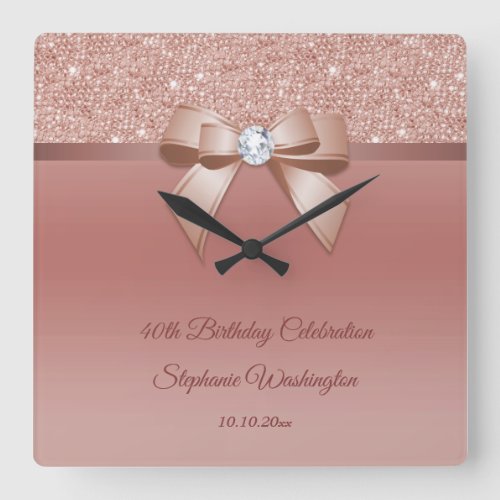 Sparkles  Glamour Rose Gold Birthday Party Square Wall Clock