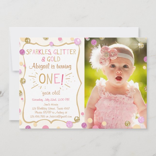 Sparkles Glitter and Gold Birthday Invitation Girl (Front)