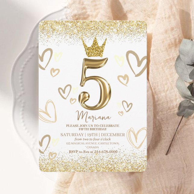 Sparkles Gold Princess Crown 5th Birthday Invitation (Creator Uploaded)