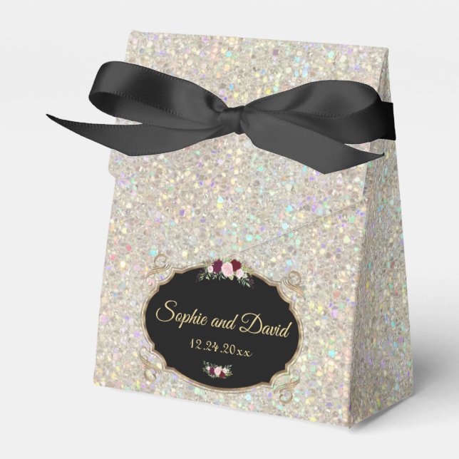 Sparkles Gold Sequins Floral Wedding Favor Boxes (Front Side)