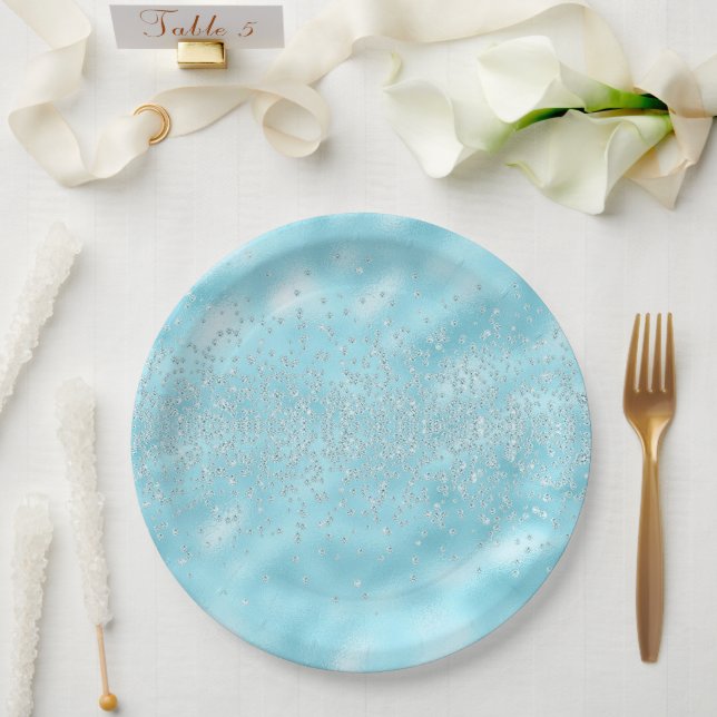  Sparkles Jewels Bling Crystals Chic Pastel Blue Paper Plates (Wedding)