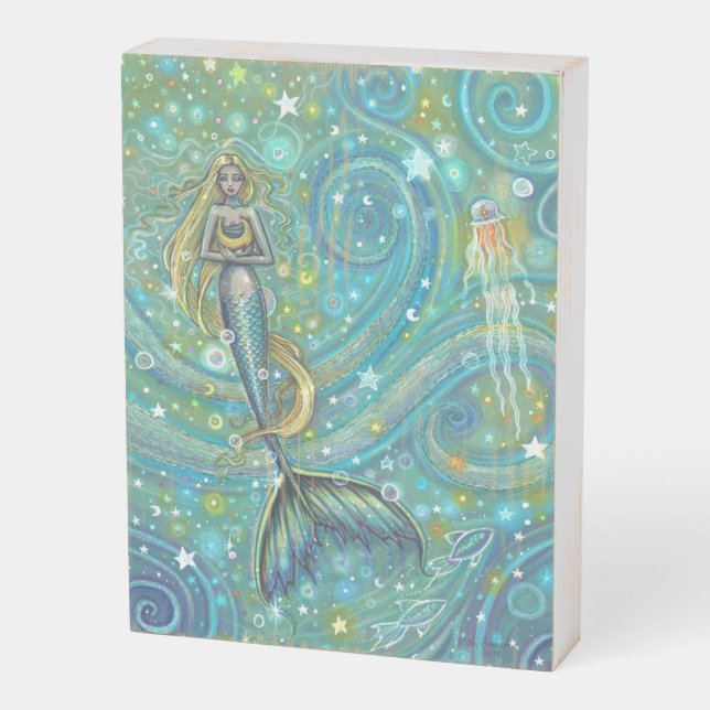 Sparkles Mermaid and Jellyfish Fantasy Art Wooden Box Sign (Angled Vertical)