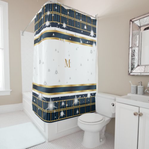 Sparkles Navy Blue White And Gold Geometric Shower Curtain