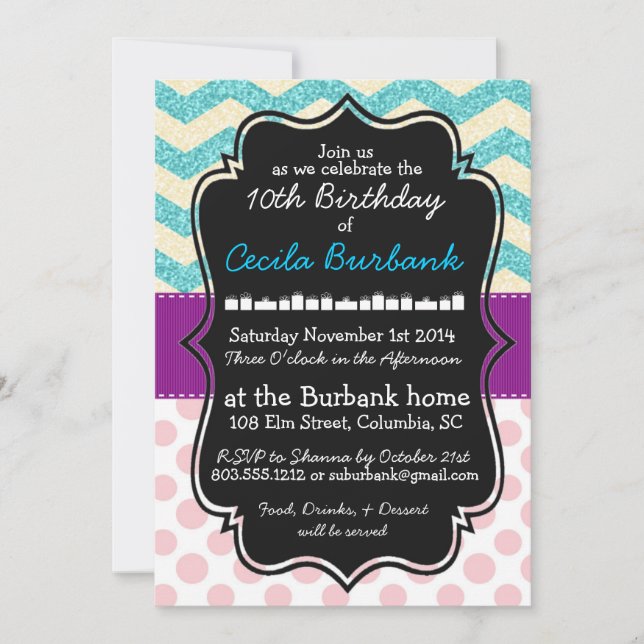 Sparkles & Polka Dots Birthday Invitation (Front)