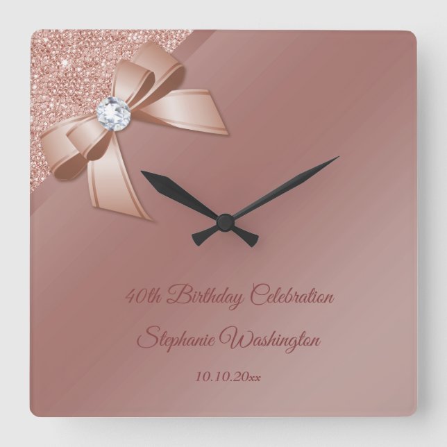 Sparkles & Rose Gold Glamour Birthday Party Square Wall Clock (Front)
