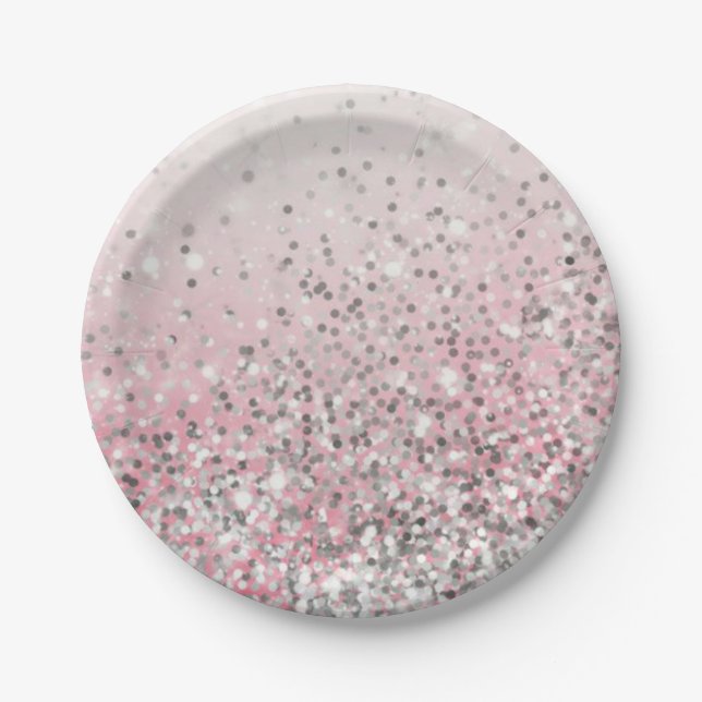 Sparkles silver and pink girly party paper plates (Front)