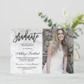 Sparkles silver glitter marble graduate typography invitation (Standing Front)