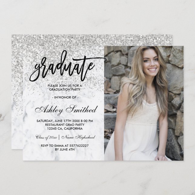 Sparkles silver glitter marble graduate typography invitation (Front/Back)