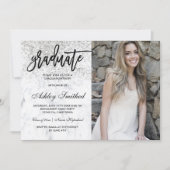 Sparkles silver glitter marble graduate typography invitation (Front)