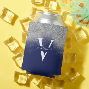 Sparkles Silver Glitter Monogram Blue Personalised Can Cooler
