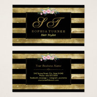 Sparkles Striped Gold Glitter Floral Monogram Business Card