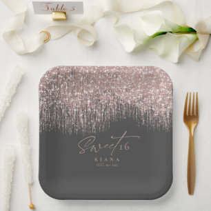 Sparkles Sweet Sixteen Rose Gold/Black ID912 Paper Plates