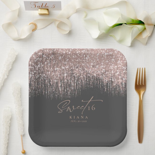Sparkles Sweet Sixteen Rose Gold/Black ID912   Paper Plates (Wedding)