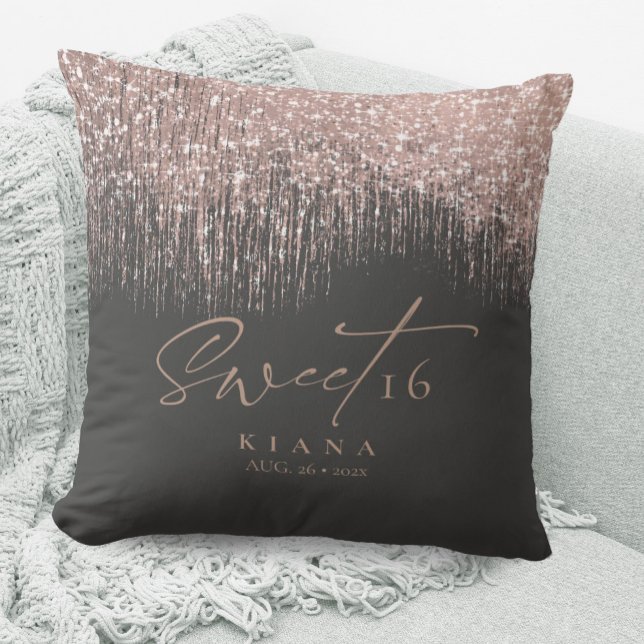 Sparkles Sweet Sixteen Rose Gold/Blk ID912 Throw Pillow (Creator Uploaded)