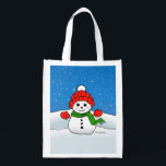Sparkles the Snowman:  Happy Holidays - Christmas Grocery Bag<br><div class="desc">Sparkles the Snowman: Happy Holidays - Christmas “SPARKLES the SNOWMAN”, a happy little snowman dressed for winter in his colorful red hat and green scarf. Sparkles is enjoying the festive white snow and stands out against the beautiful bright blue winter sky. This original cartoon drawing of Sparkles the Snowman, was...</div>