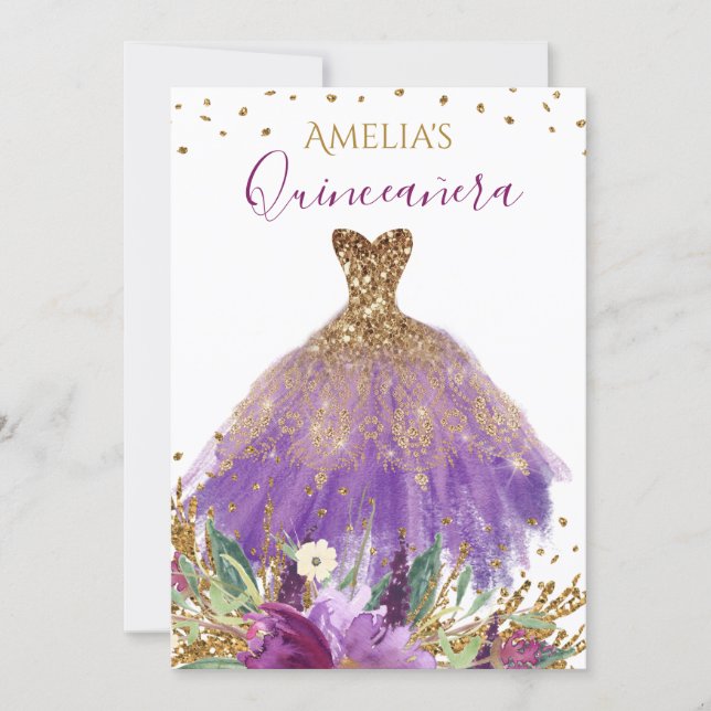 Sparkling Amethyst Dress Quinceanera Invite (Front)
