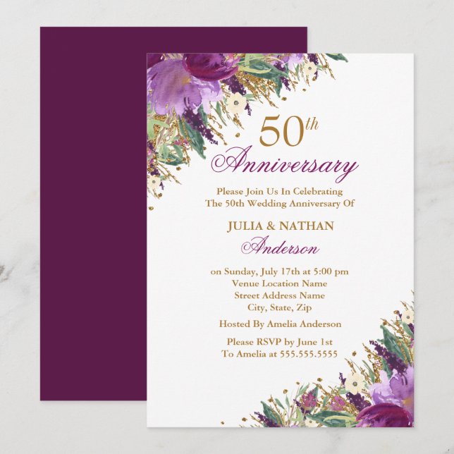 Sparkling Amethyst Purple Floral 50th Anniversary Invitation (Front/Back)