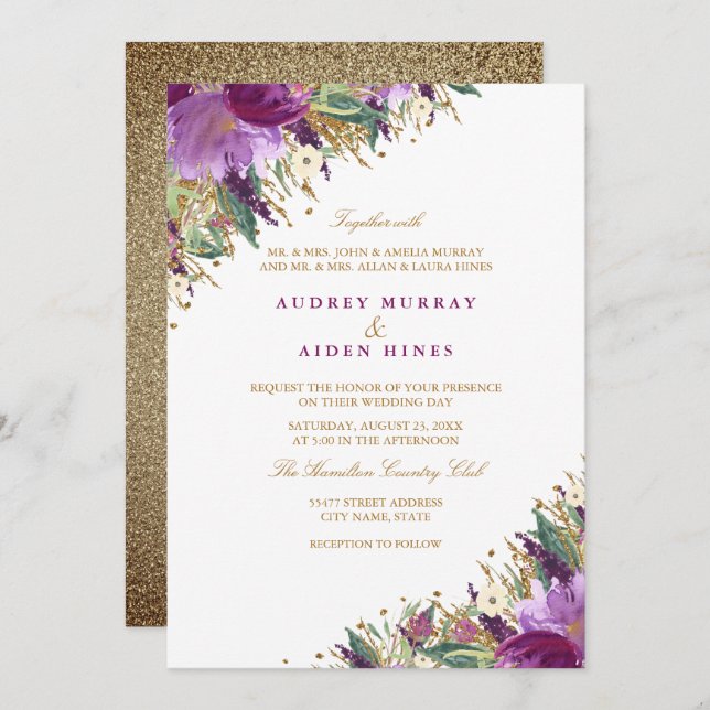 Sparkling Amethyst Purple Floral Wedding Invitation (Front/Back)