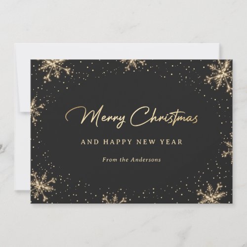 Sparkling Black and Gold Snowflake Snowy Holiday Card
